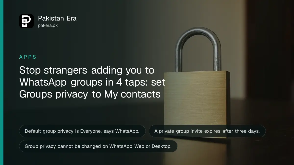 A brass padlock on a dark wooden table against a plain cream wall, for an article on WhatsApp group privacy