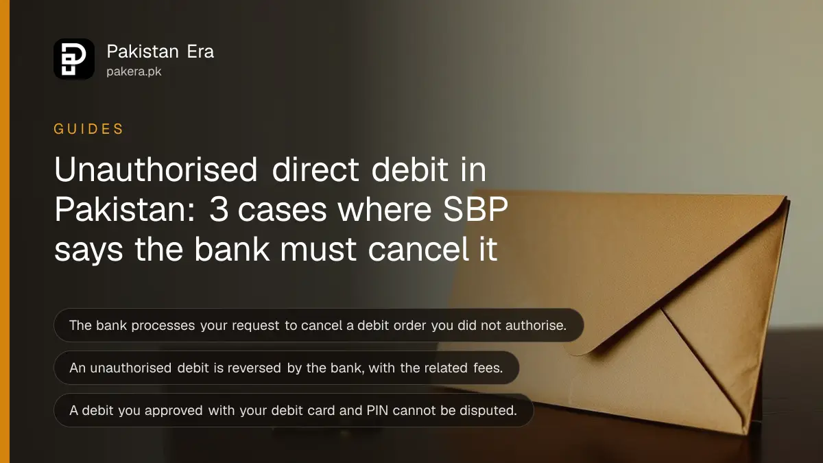 A closed envelope and a brass key on a dark wooden table, for a guide on stopping an unauthorised direct debit in Pakistan