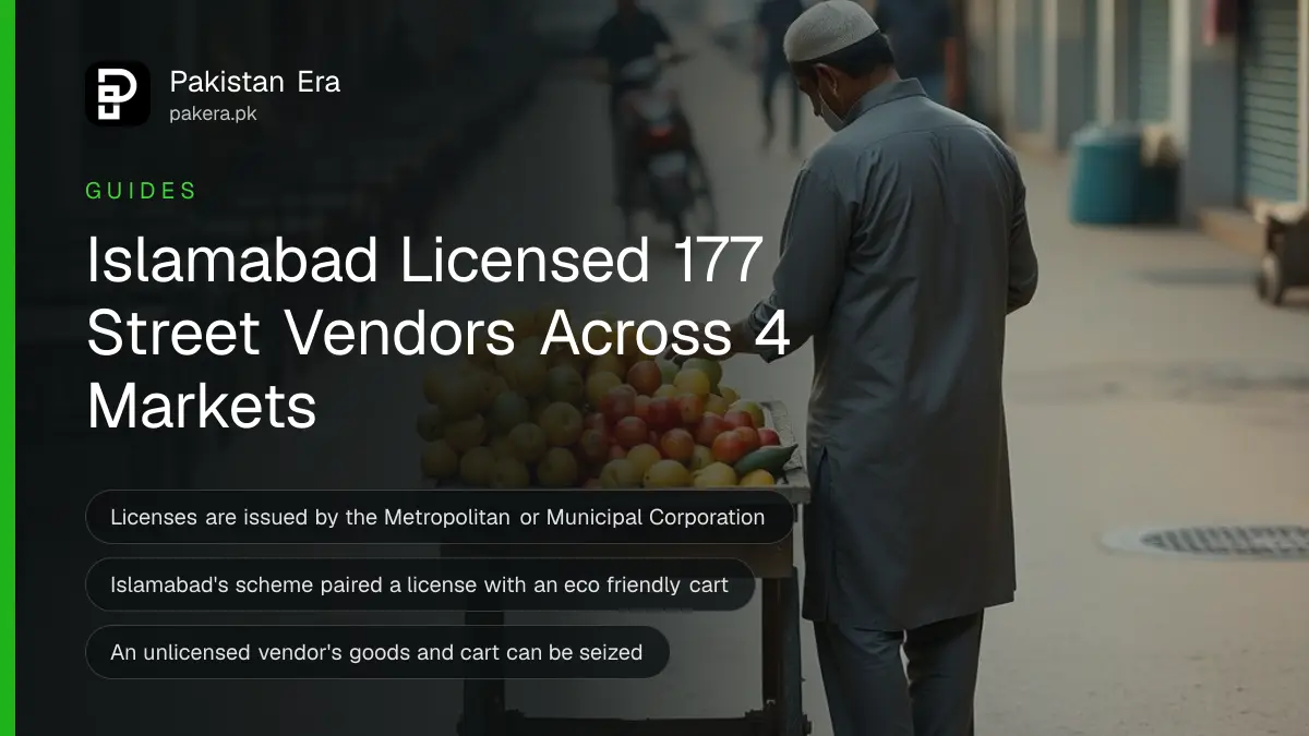 A fruit cart vendor arranging produce on a handcart along a quiet market street in Islamabad, early morning light, face turned away