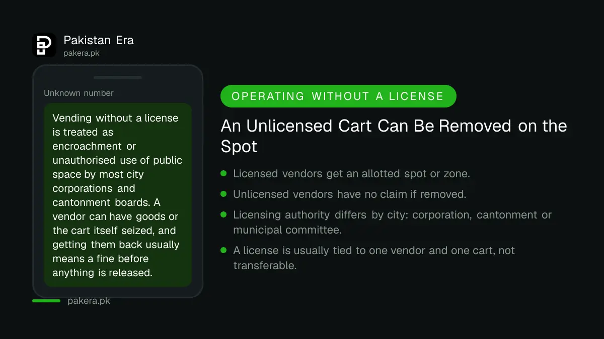 Warning that an unlicensed street vendor's cart or goods can be removed as encroachment in Pakistan
