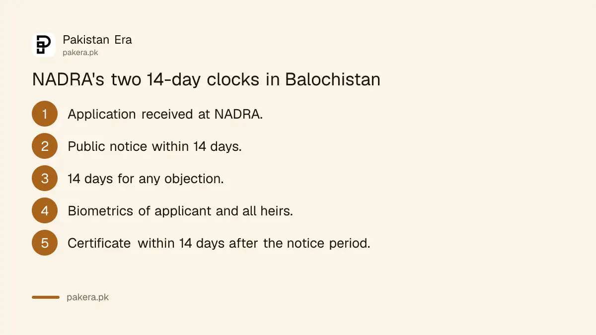 Timeline of the NADRA succession process in Balochistan with two 14 day periods