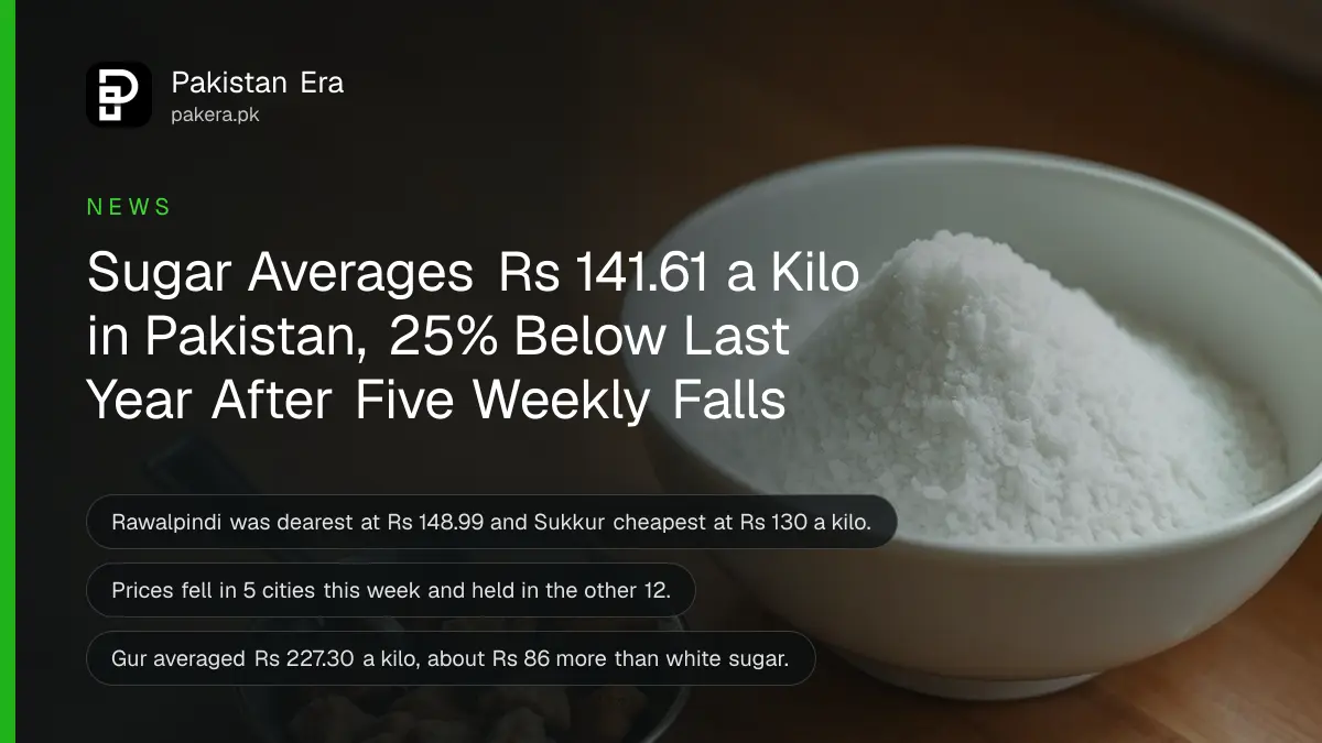 A bowl of white sugar beside a small dish of brown gur and a steel spoon on a kitchen counter