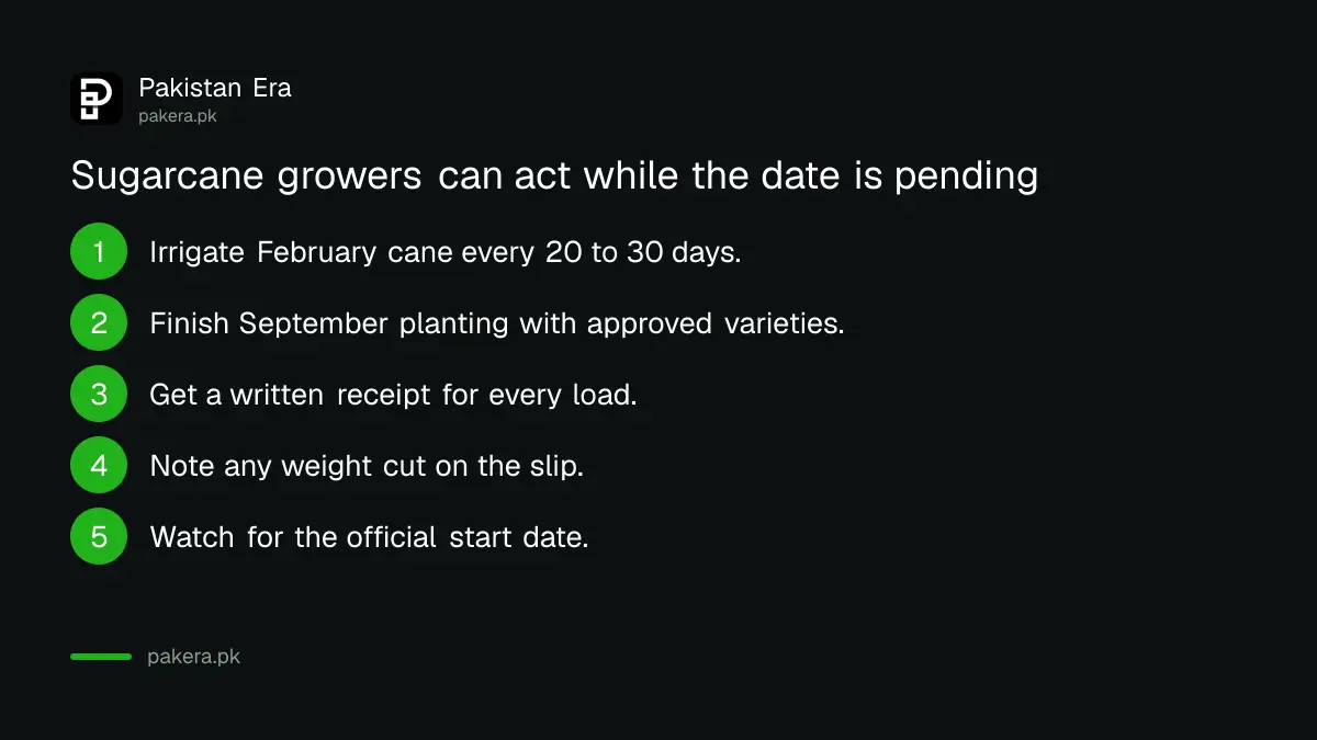 Five steps for sugarcane growers in Pakistan while the 2026-27 crushing date is pending