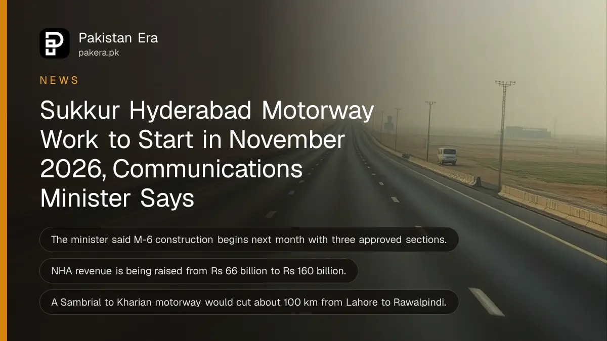 An empty motorway running straight across the flat plains of Sindh at dawn