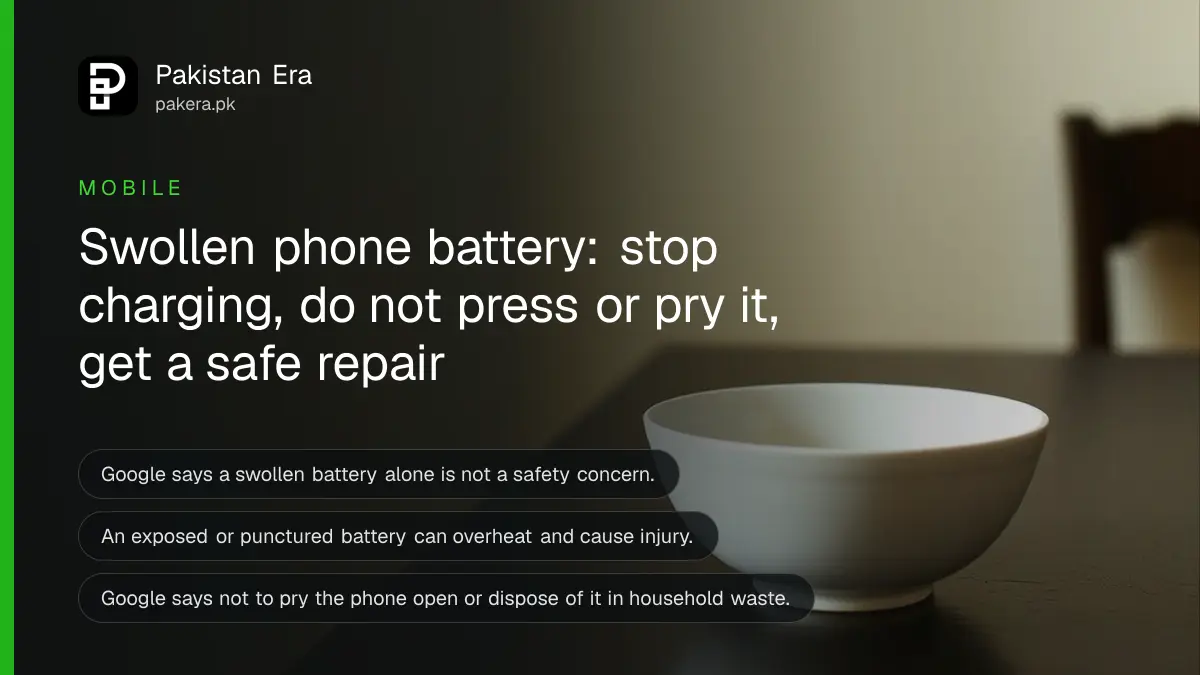 A plain ceramic bowl on a dark wooden table, for an article on what to do about a swollen phone battery