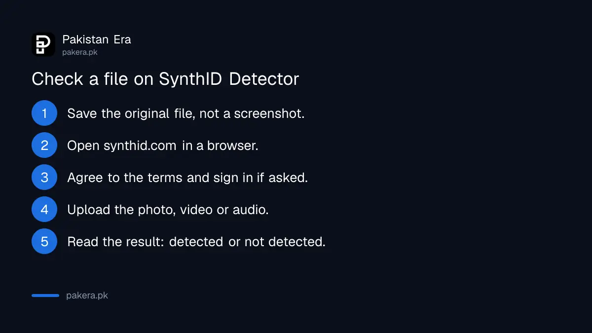 Five steps to check a file on SynthID Detector in Pakistan: save the original file, open synthid.com, agree to the terms, upload the file, read the result