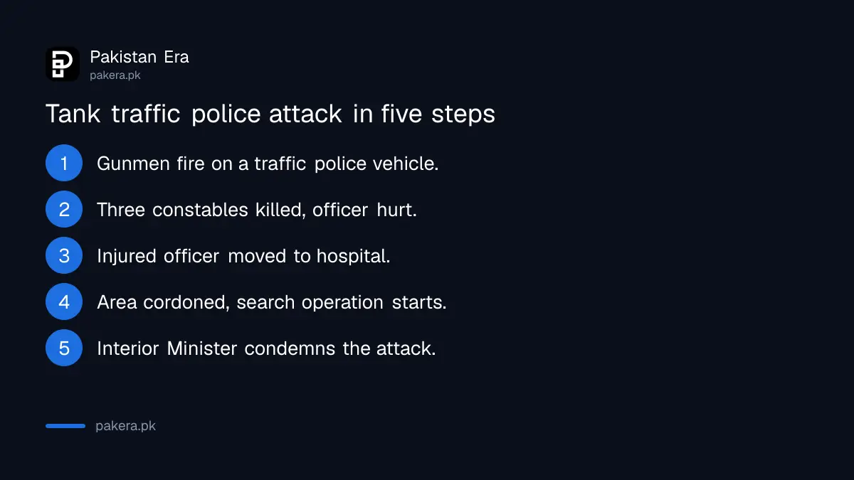 Five-step timeline of the Tank traffic police attack, from the firing to the search operation