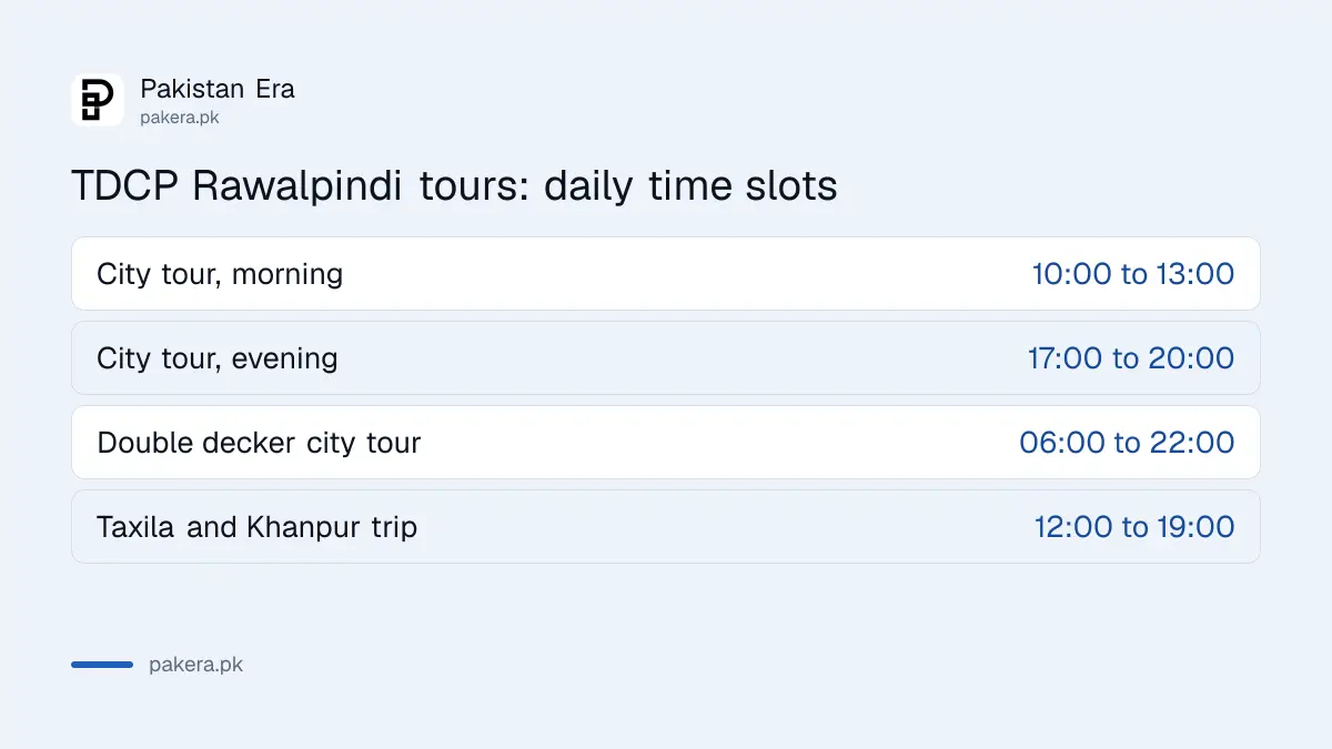 TDCP Rawalpindi tour time slots: morning, evening, double decker and Taxila trip