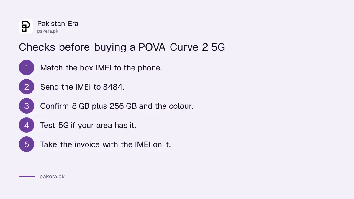 Five checks before buying a Tecno POVA Curve 2 5G in Pakistan: box seal, 8484, variant, 5G test, invoice