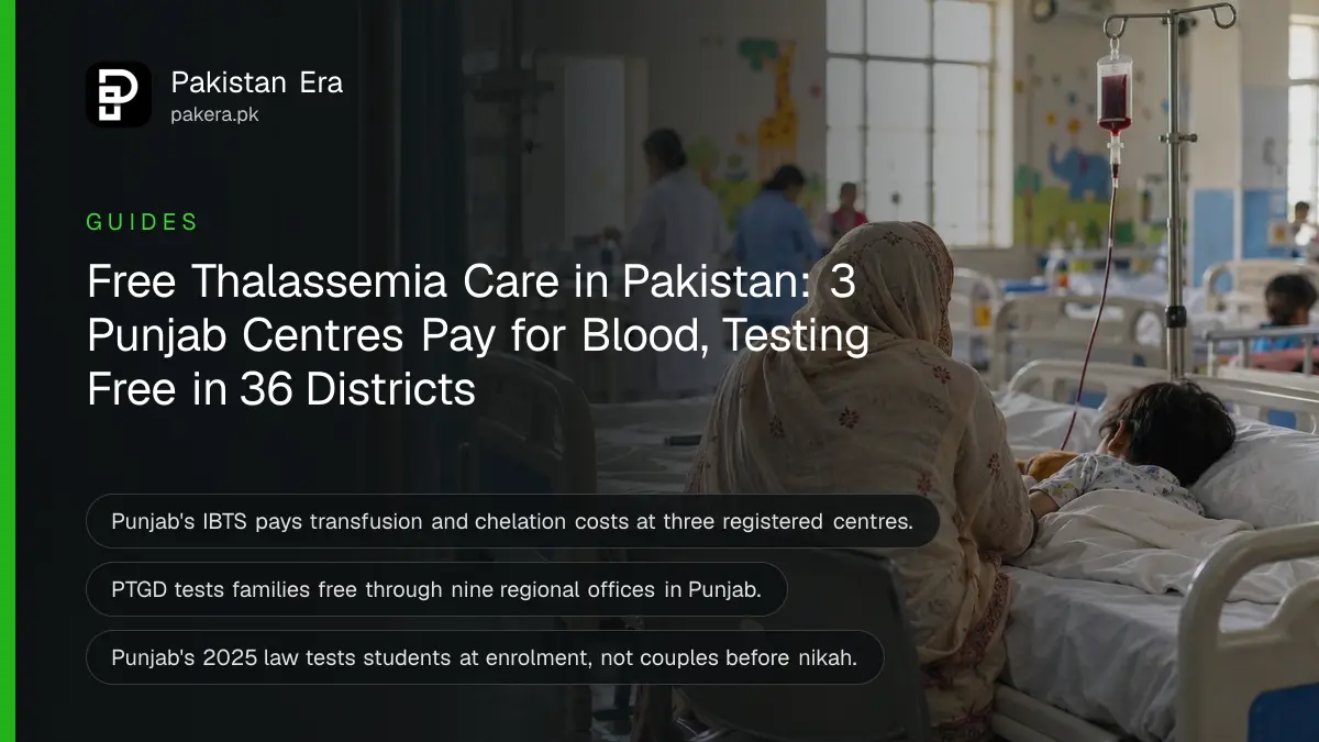 A mother seen from behind sitting beside her young child's bed in a bright day-care ward of a Lahore hospital while a blood transfusion bag hangs on a drip stand, nurses out of focus