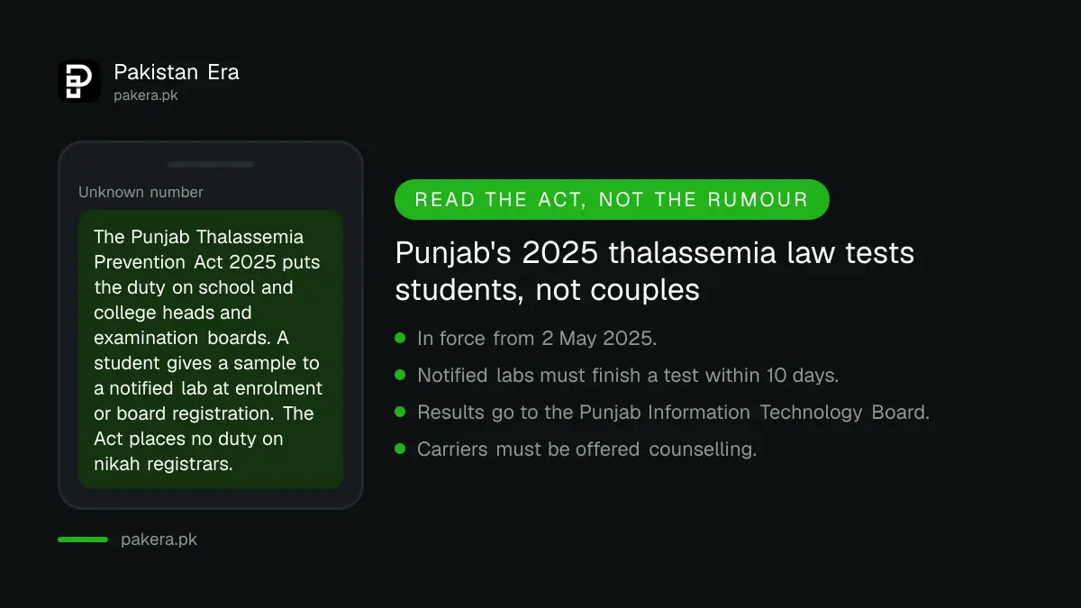 Alert explaining that Punjab's 2025 thalassemia law tests students at school and board registration, not couples before marriage