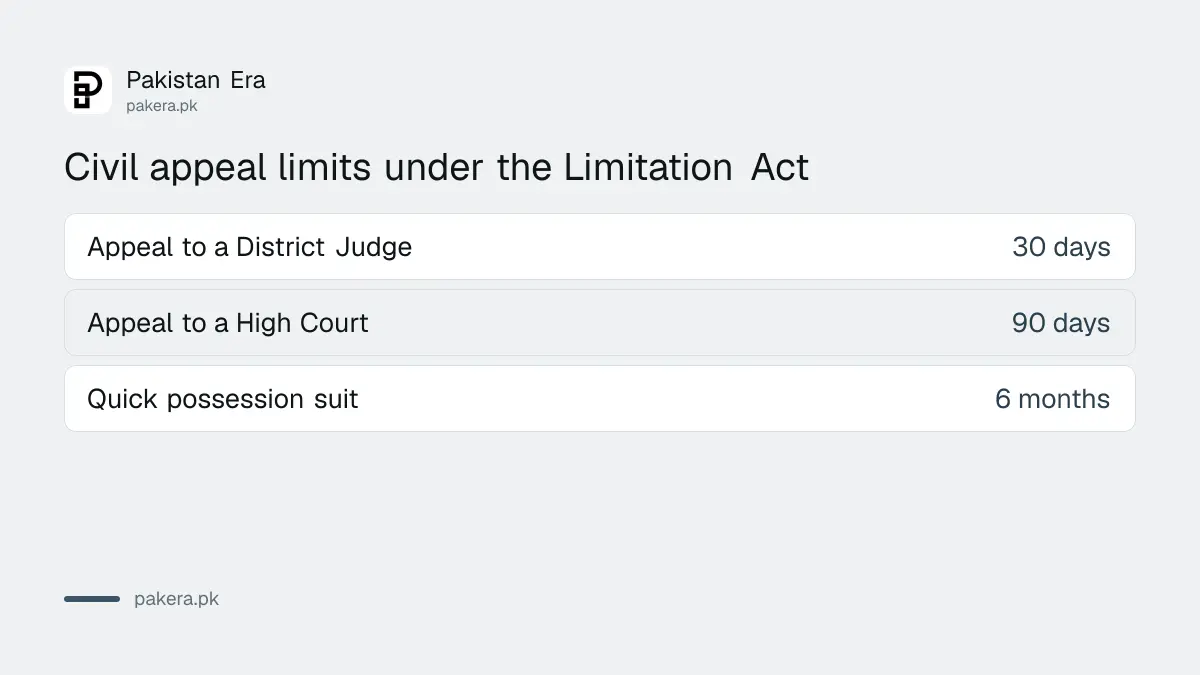 Civil appeal time limits to a District Judge and a High Court under the Limitation Act
