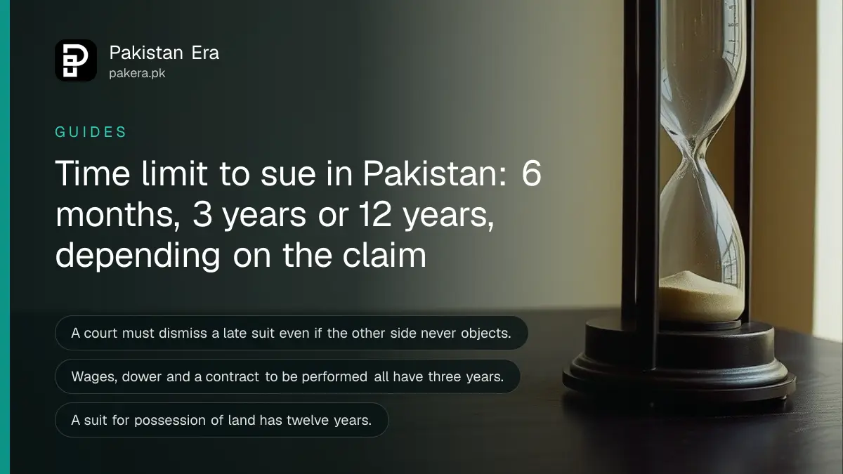 An hourglass on a dark wooden table, for a guide to the time limit to sue in Pakistan under the Limitation Act