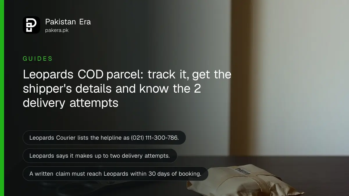 A small taped cardboard parcel and a pair of scissors on a dark wooden table, for a guide to tracking a Leopards Courier parcel