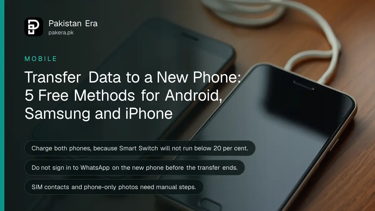 Two smartphones lying face up side by side with dark screens on a wooden desk beside a coiled charging cable