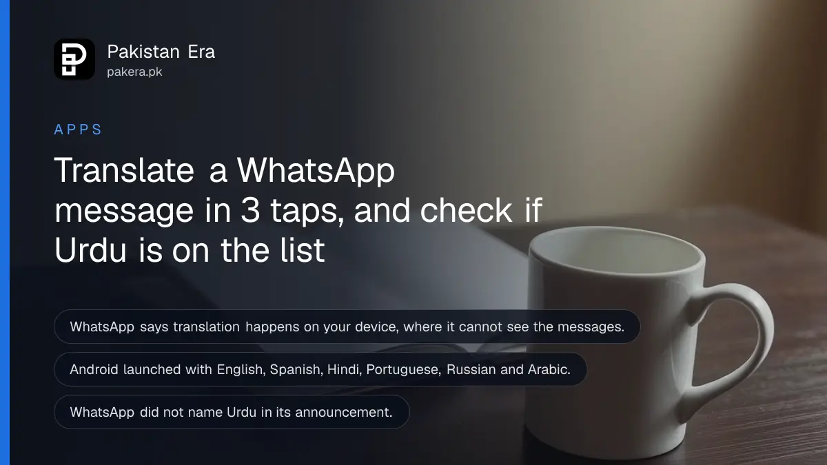 A blank open notebook beside a white mug on a dark wooden table, for an article on WhatsApp message translation
