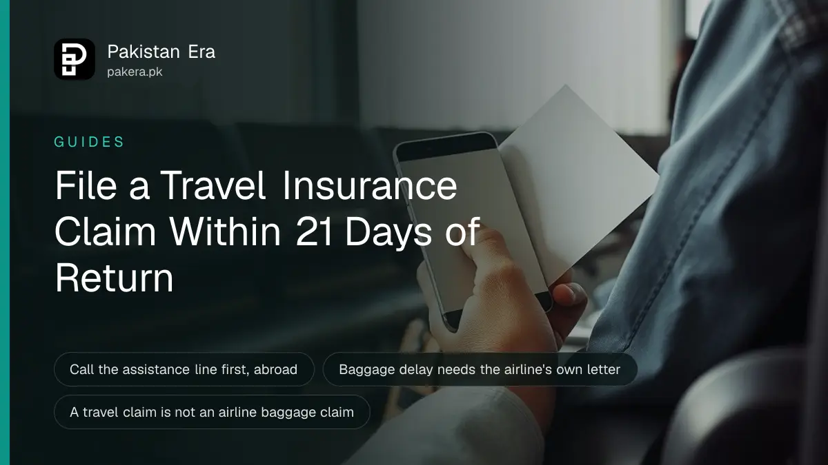 A traveller's hand holding a phone and a travel insurance card at an airport seating area, face out of frame