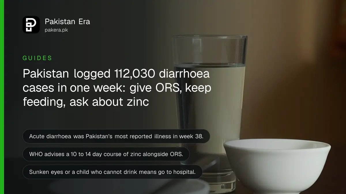 A glass of water, a steel spoon and a white bowl on a wooden table in morning light, for a guide to treating child diarrhoea with ORS and zinc