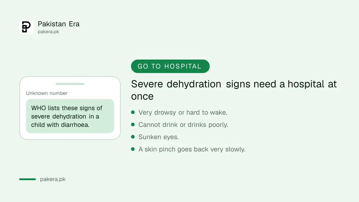 WHO danger signs of severe dehydration in a child: drowsy, cannot drink, sunken eyes, slow skin pinch, blood in stool