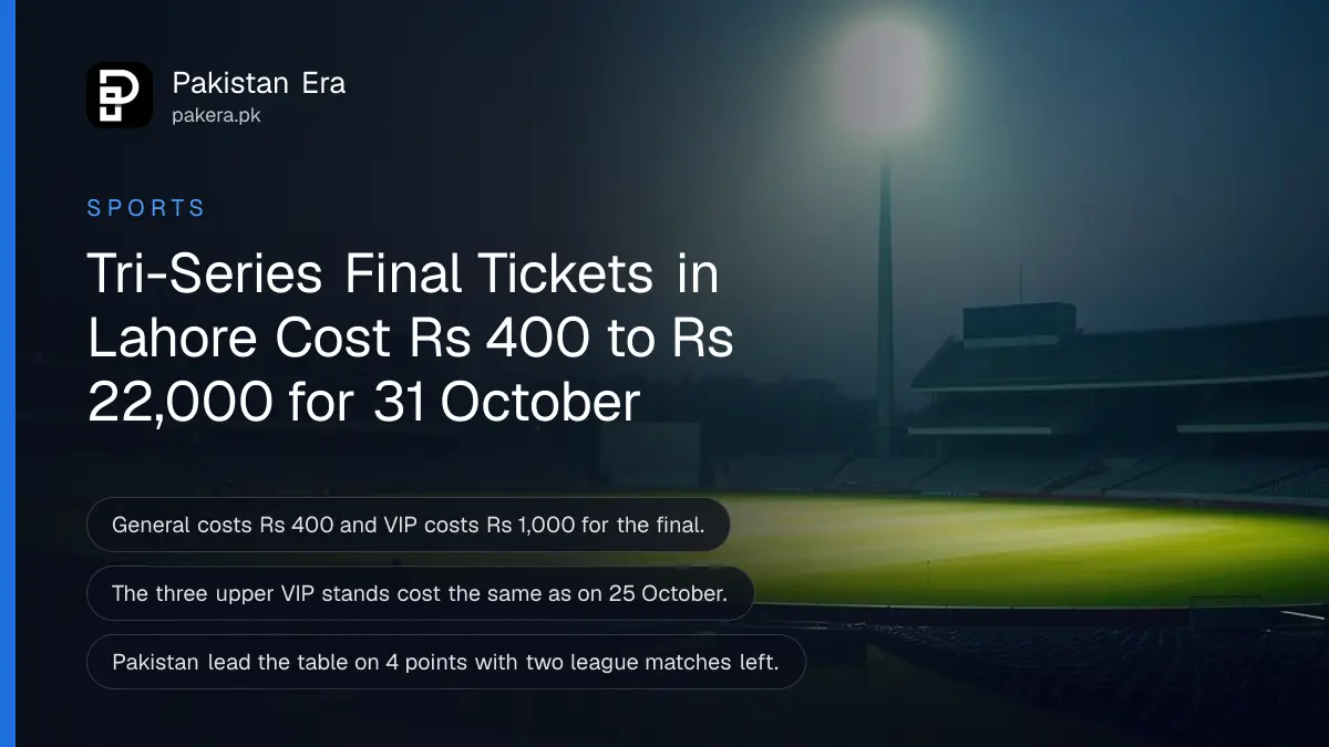 An empty cricket stadium at dusk with floodlights on over a green outfield, for the tri-series final in Lahore