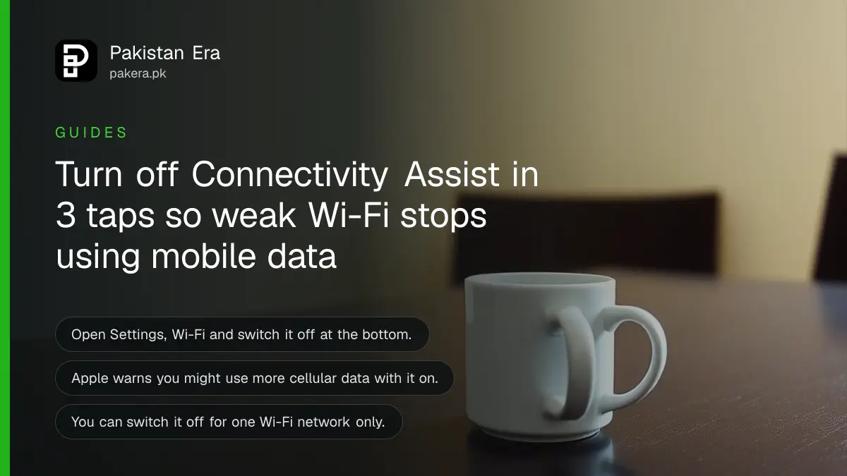 A plain mug on a dark wooden table, for a guide to turning off Connectivity Assist on an iPhone in Pakistan
