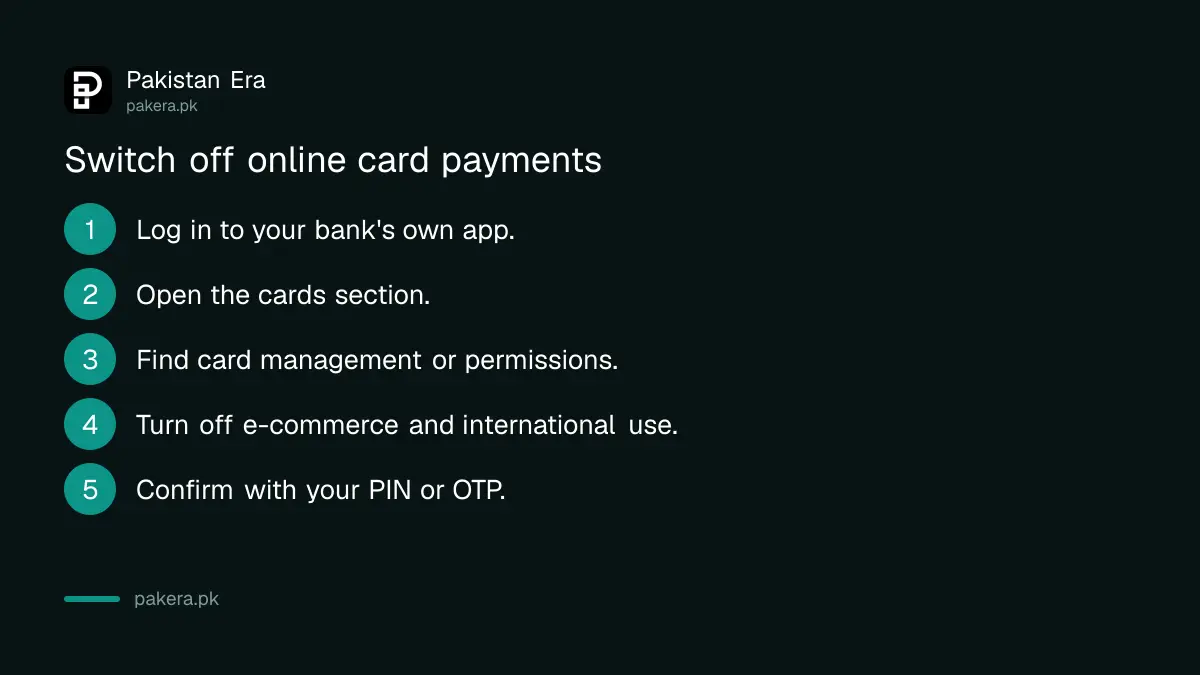 Six steps to switch off online and international payments on a debit card in a Pakistani bank app