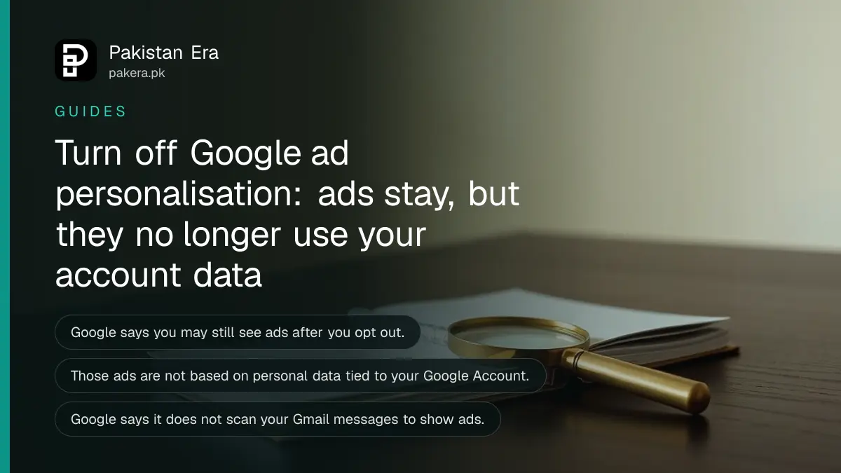 A magnifying glass on a dark wooden table, for a guide on Google ad privacy settings in Pakistan