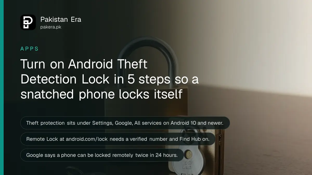 A brass padlock and a small steel key on a dark wooden table, for a guide to Android theft protection in Pakistan