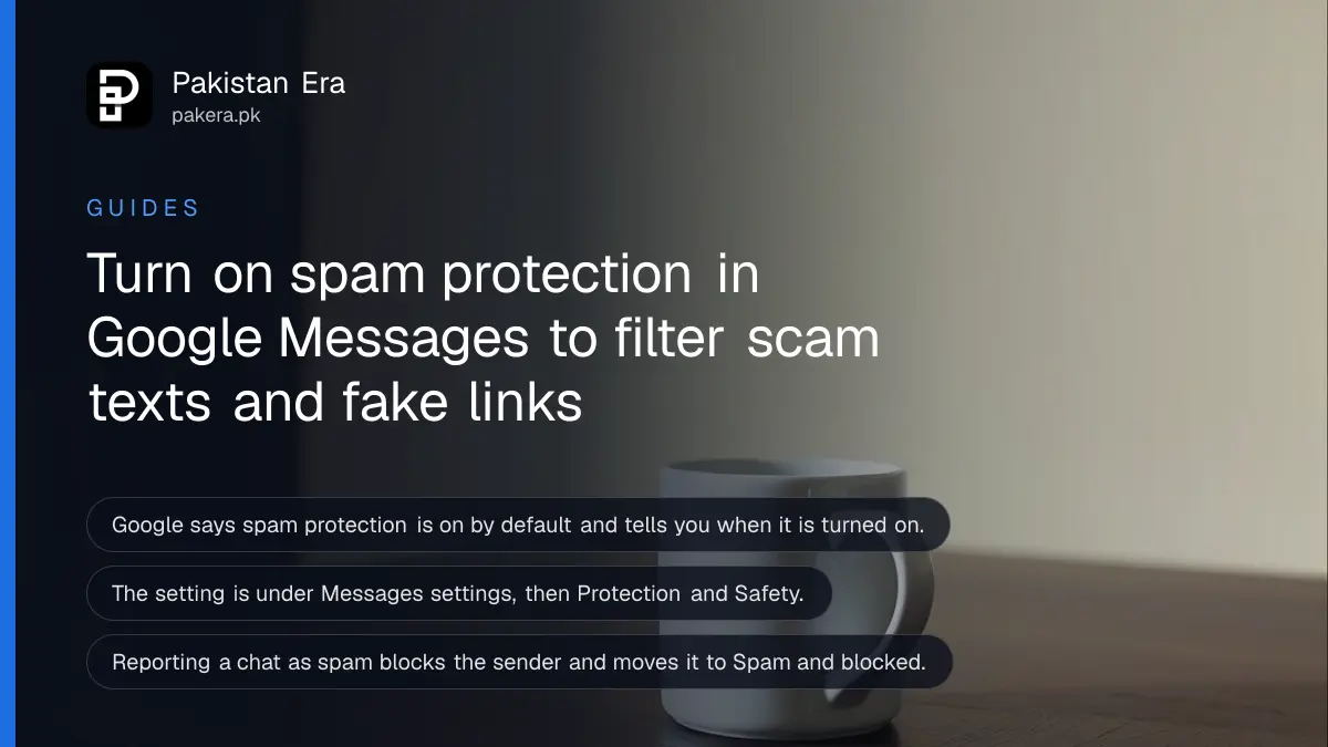 A white ceramic mug on a dark wooden table, for a guide to google messages spam protection in Pakistan