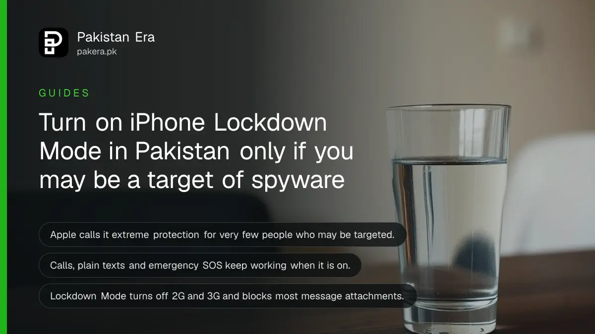 A clear water glass on a dark wooden table, for a guide on iPhone Lockdown Mode in Pakistan