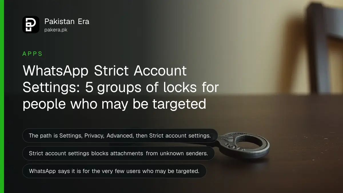 A heavy iron key lying on a dark wooden table against a plain cream wall, for an article on WhatsApp Strict account settings