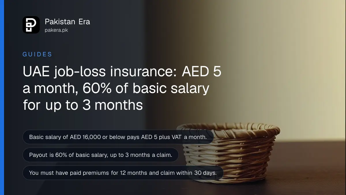 A small wicker basket on a dark wooden table, for an article on uae unemployment insurance