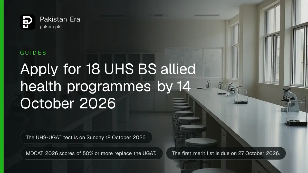 An empty university laboratory in Lahore with white benches, microscopes and glassware in morning light, for a guide to UHS BS admission Fall 2026