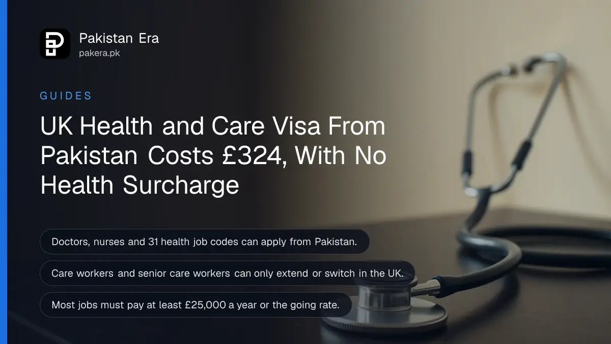 A stethoscope on a dark wooden table against a plain cream wall, for the UK Health and Care Worker visa from Pakistan