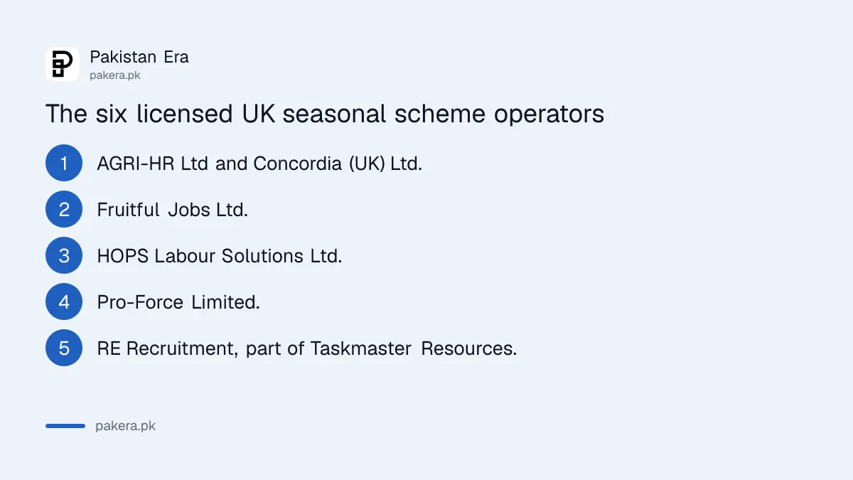 The six licensed UK Seasonal Worker scheme operators on the sponsor register dated 9 October 2026