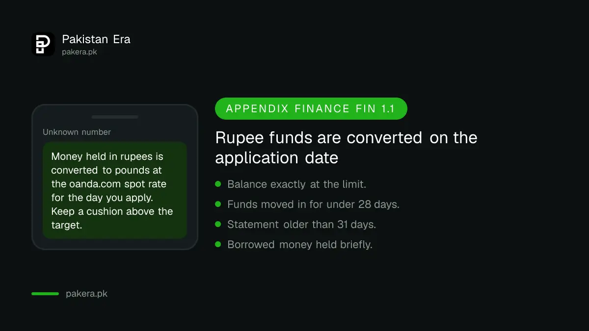 Rupee funds are converted at the oanda.com rate on the application date, so keep a cushion above the UK visa amount