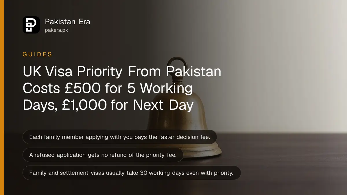 A small brass bell on a dark wooden table against a plain cream wall, for UK visa priority service from Pakistan