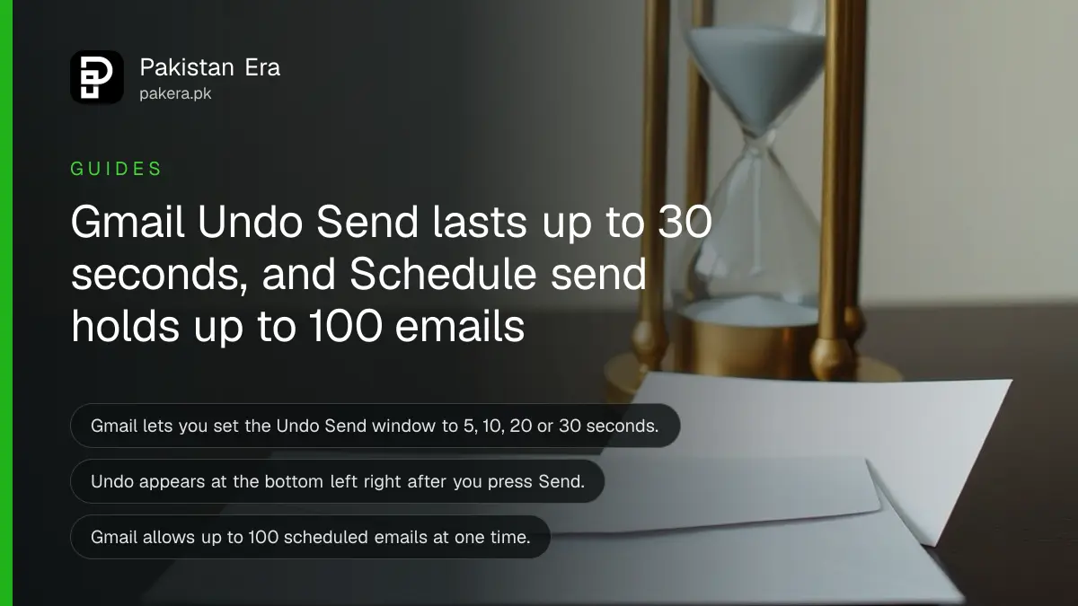 A brass hourglass and an envelope on a dark wooden table, for a guide on Gmail undo send