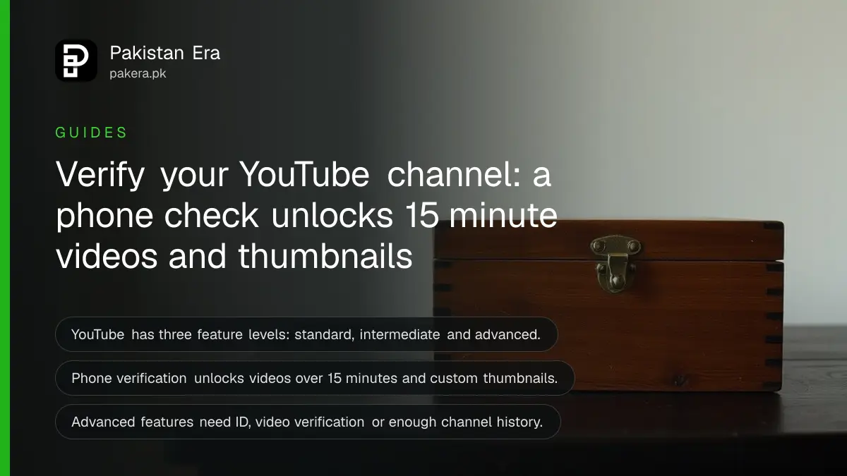 A wooden box with a brass latch on a dark wooden table, for an article on unlocking YouTube features by verifying a channel in Pakistan