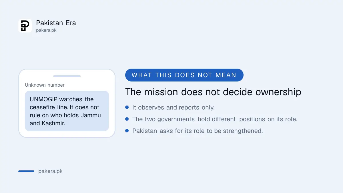 What UNMOGIP does not do: it does not decide who holds Jammu and Kashmir