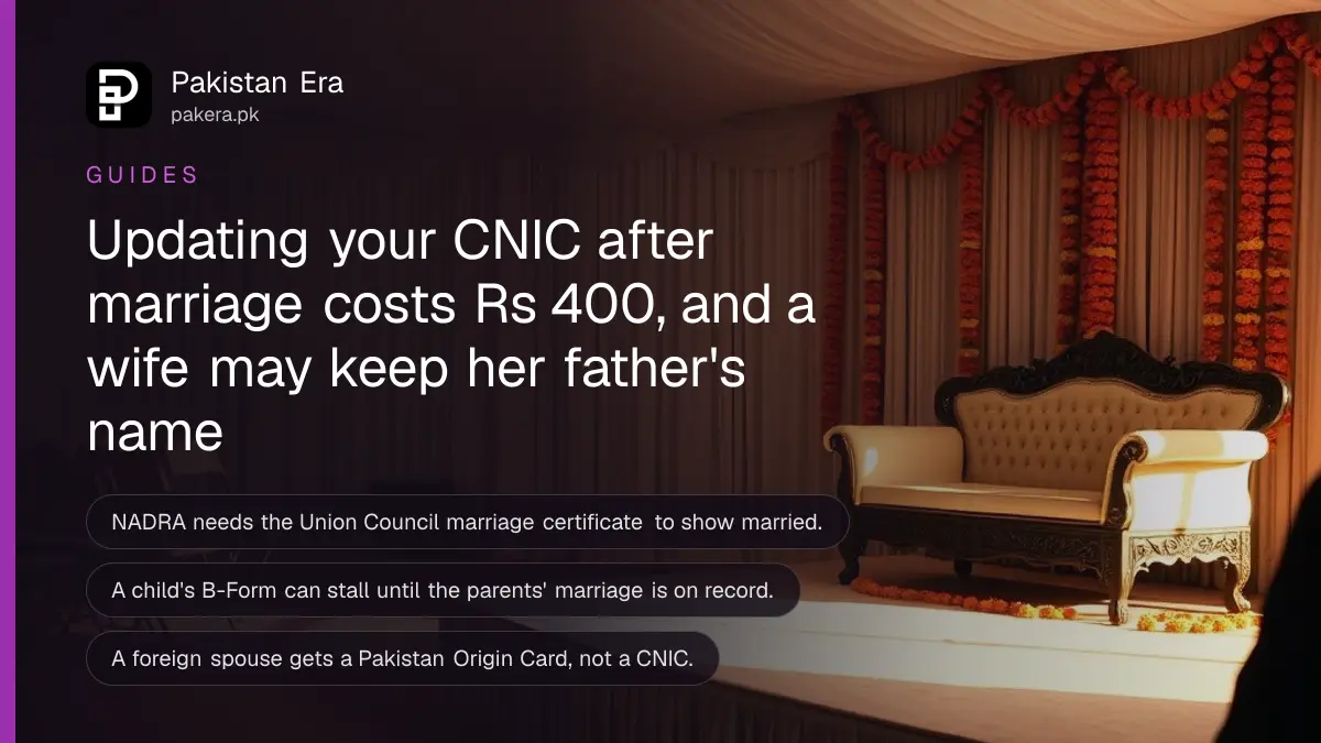 An empty wedding stage with marigold garlands and a carved wooden sofa in a Lahore marquee, for a guide to updating a CNIC after marriage