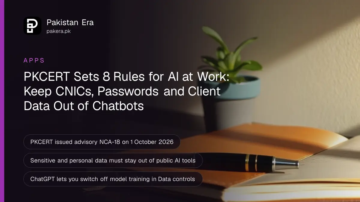 A closed leather notebook, fountain pen and small green plant on a wooden desk, for a guide to using ChatGPT and AI chatbots safely at work in Pakistan under PKCERT's advisory
