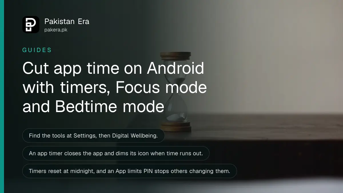 A small sand timer made of glass and wood on a dark wooden table, for a guide to Android Digital Wellbeing in Pakistan