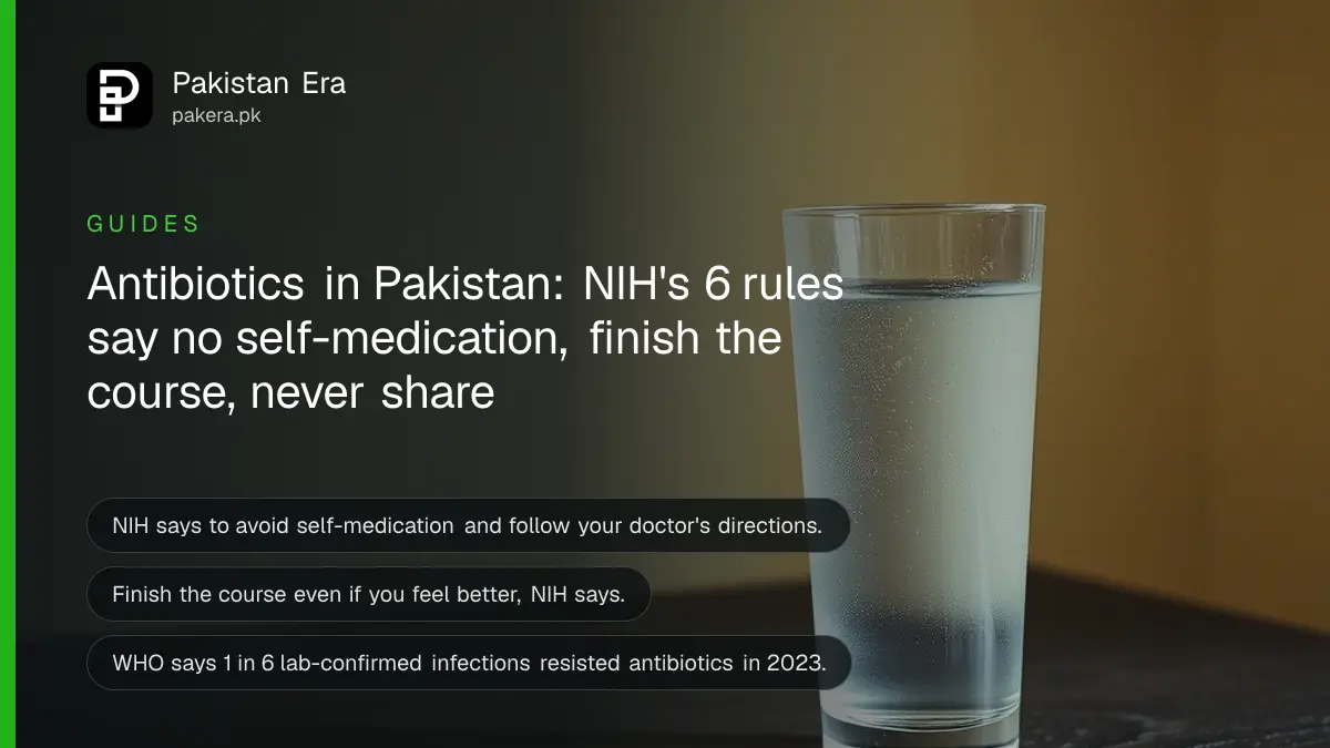 A plain glass of water on a dark wooden table against a cream wall, for a guide to safe antibiotic use in Pakistan