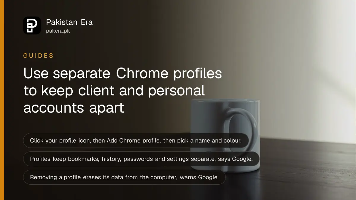 A plain mug on a dark wooden table, for a guide to Chrome profiles for work and personal use