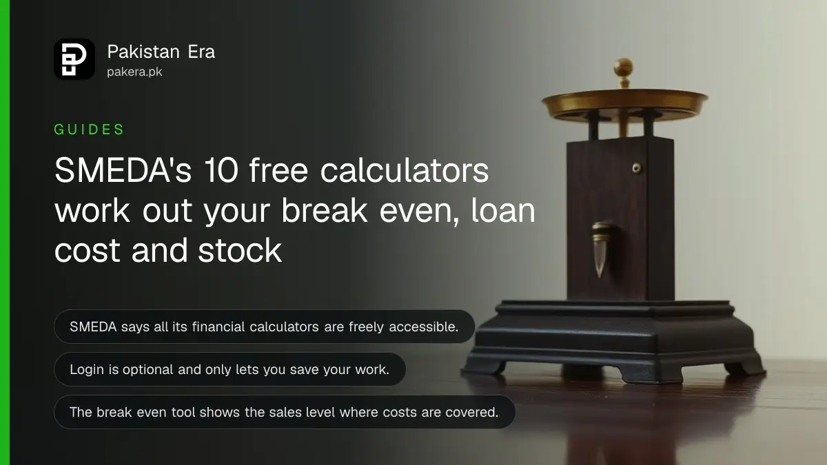 A small brass balance scale on a dark wooden table, for a guide on free business calculators in Pakistan
