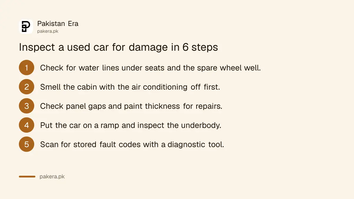 A mechanic checking the underside of a used car on a workshop ramp before a sale
