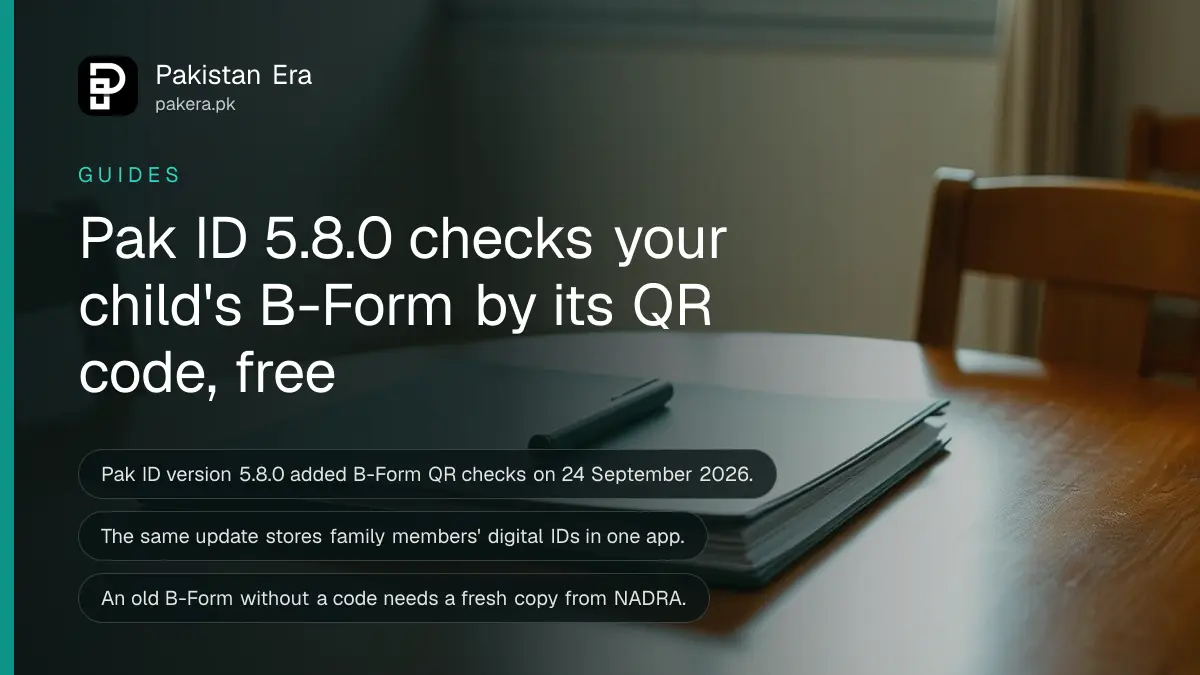A closed green document folder on a wooden family dining table in a bright Islamabad home, for a guide to verifying a child's B-Form by QR code