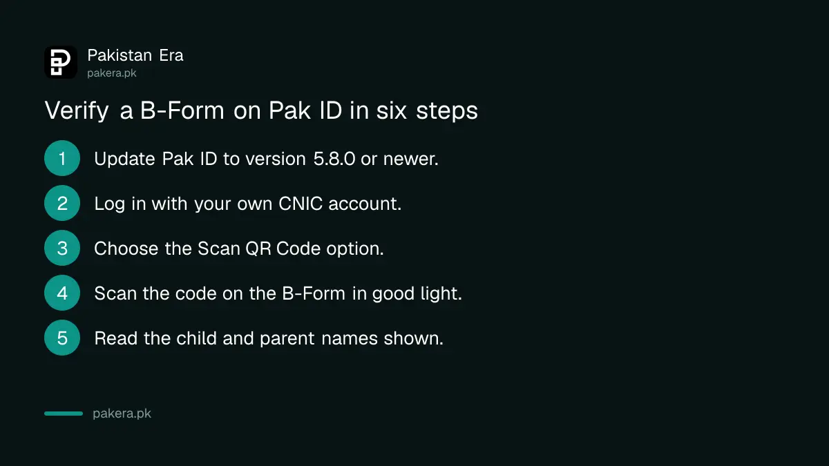 Six steps to verify a child's B-Form by its QR code on the NADRA Pak ID app