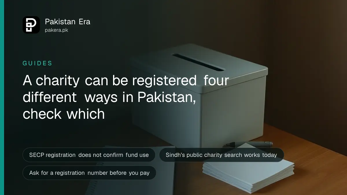 A donor checking a charity collector's receipt book and registration card at a collection stall in Pakistan